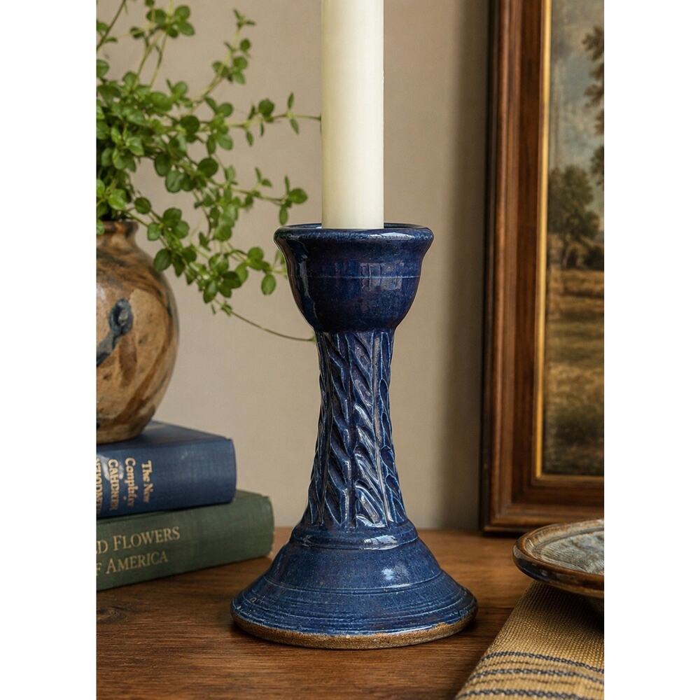Vtg Lazar Pottery Cobalt Blue Stoneware Candlestick Signed Studio Art Mission 6”